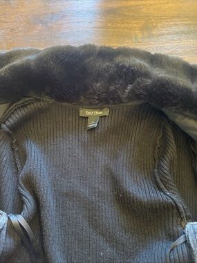 White House Black Market Black Knit Coat with Faux Fur Collar
